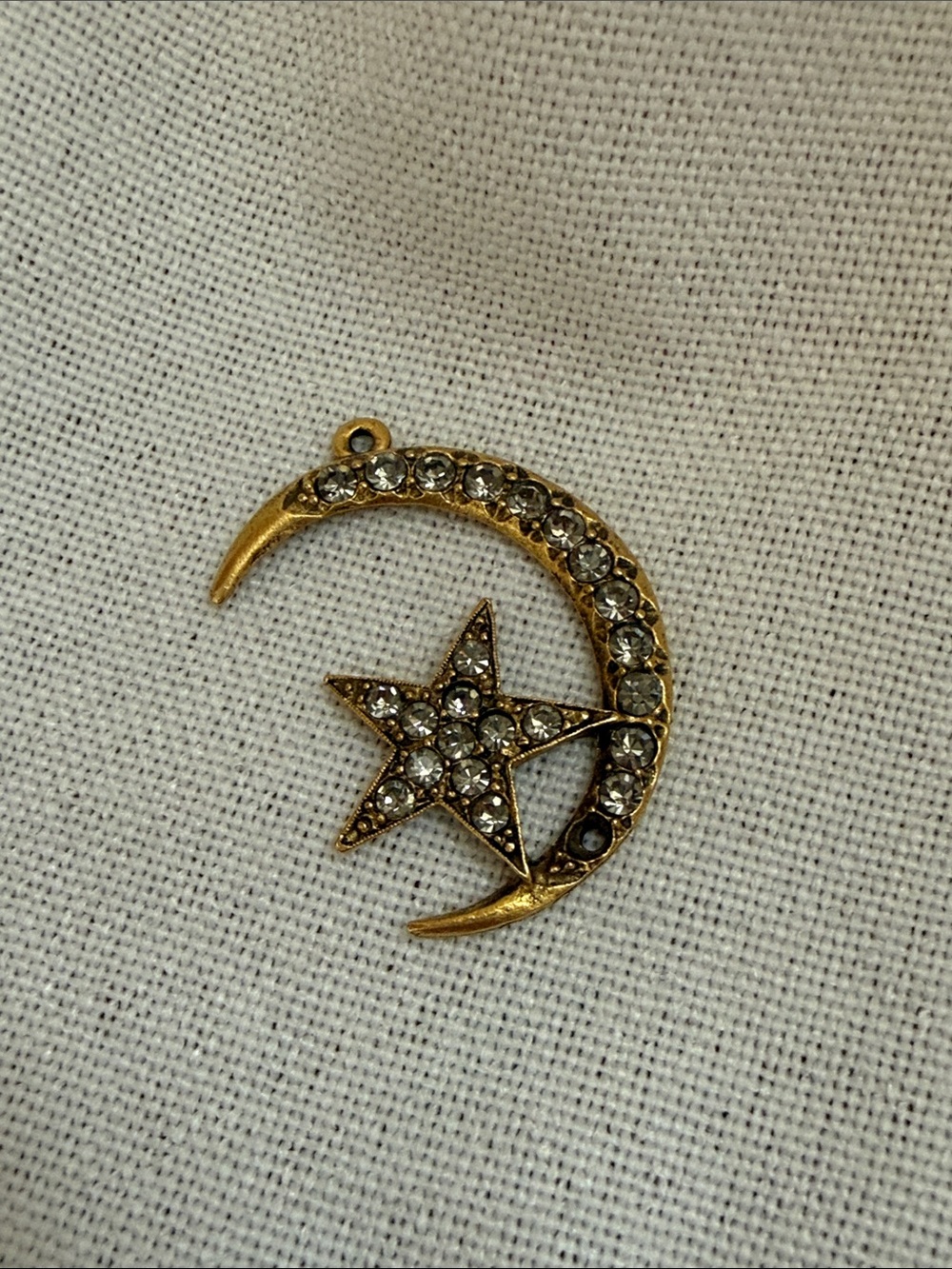 Gold-Tone Crescent Moon and Star Pendant with Clear Crystals